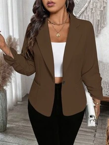 SHEIN LUNE Plus Size Women's Commuter Cinched Waist Short Versatile Lightweight Jacket - Coffee Brown - View 7