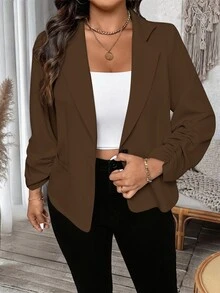 SHEIN LUNE Plus Size Women's Commuter Cinched Waist Short Versatile Lightweight Jacket - Coffee Brown - View 4