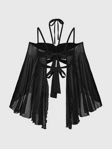ROMWE Spring/Summer Vacation Baech Black Y2K Holiday Beach Goth Butterfly Print Color Block Cropped Flare Sleeve Top - Black - View 2