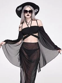 ROMWE Spring/Summer Vacation Baech Black Y2K Holiday Beach Goth Butterfly Print Color Block Cropped Flare Sleeve Top - Black - View 1