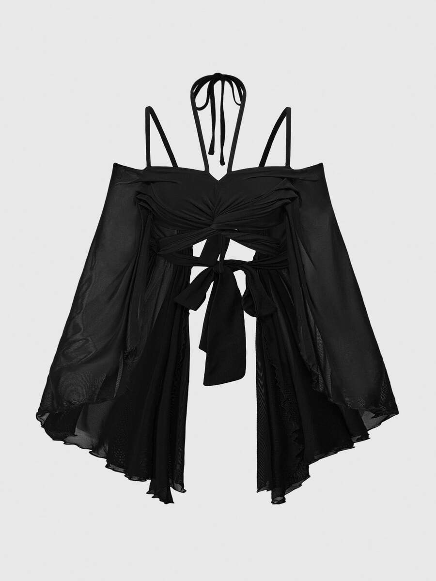 ROMWE Spring/Summer Vacation Baech Black Y2K Holiday Beach Goth Butterfly Print Color Block Cropped Flare Sleeve Top - Black - View 1