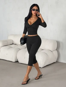 SHEIN PETITE 2pcs Set: V-Neck 3/4 Sleeve Slimming T-Shirt + 3/4 Length Pants - Black - View 6
