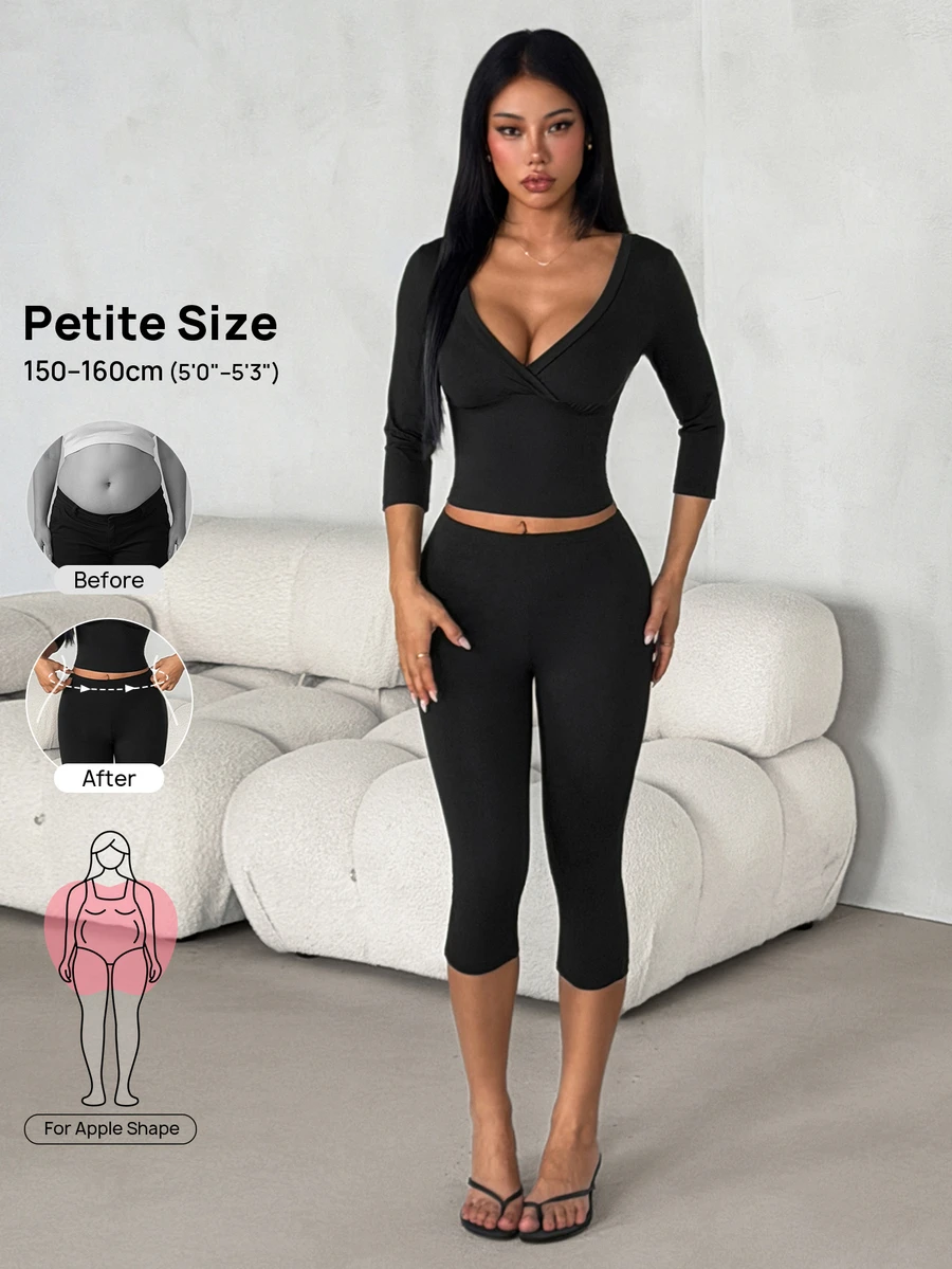 SHEIN PETITE 2pcs Set: V-Neck 3/4 Sleeve Slimming T-Shirt + 3/4 Length Pants - Black - View 1
