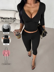 SHEIN PETITE 2pcs Set: V-Neck 3/4 Sleeve Slimming T-Shirt + 3/4 Length Pants - Black - View 1