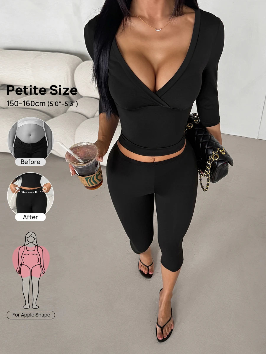 SHEIN PETITE 2pcs Set: V-Neck 3/4 Sleeve Slimming T-Shirt + 3/4 Length Pants - Black - View 1