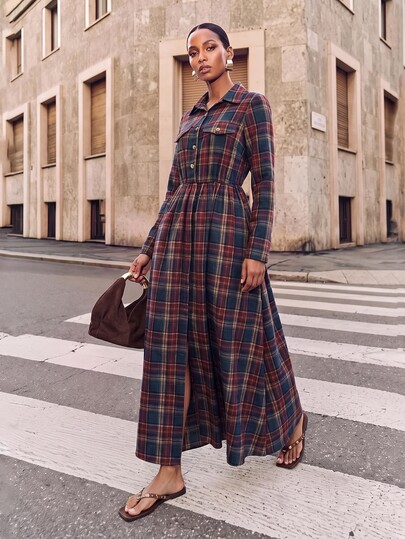 Zivah Early Autumn New Style Women's Country Style Commuter Riding Outfit, All-Match Versatile Daily Street Wear, Holiday Outing Office Attire, Stand Collar With Open Placket, Woven Plaid Waist-Cinching A-Line Dress, Colorful Checkered Long Dress