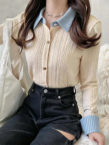 FRIFUL Women's Autumn Casual Striped Patchwork 2 In 1 T-Shirt - Apricot - View 7