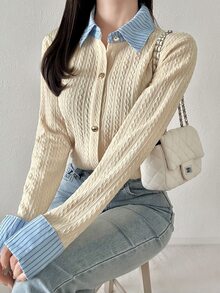 FRIFUL Women's Autumn Casual Striped Patchwork 2 In 1 T-Shirt - Apricot - View 1