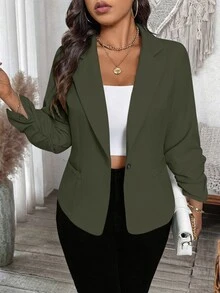 SHEIN LUNE Plus Size Women's Commuter Waist-Cinched Short Versatile Thin Jacket - Army Green - View 4