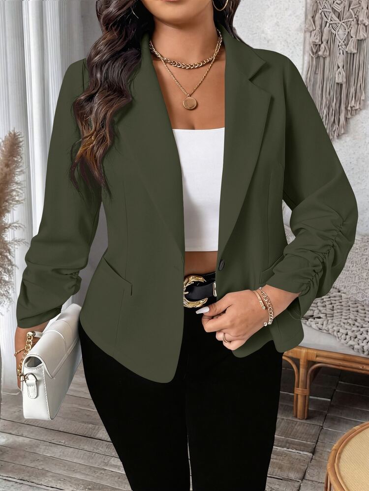 SHEIN LUNE Plus Size Women's Commuter Waist-Cinched Short Versatile Thin Jacket - Army Green - View 1