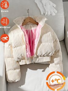SHEIN Tween Girl Winter Short Tween Girl Casual Street Fashion Corduroy Cotton Padded Coat, Thickened, Color Block, Back To School, Fall/Winter - White - View 11