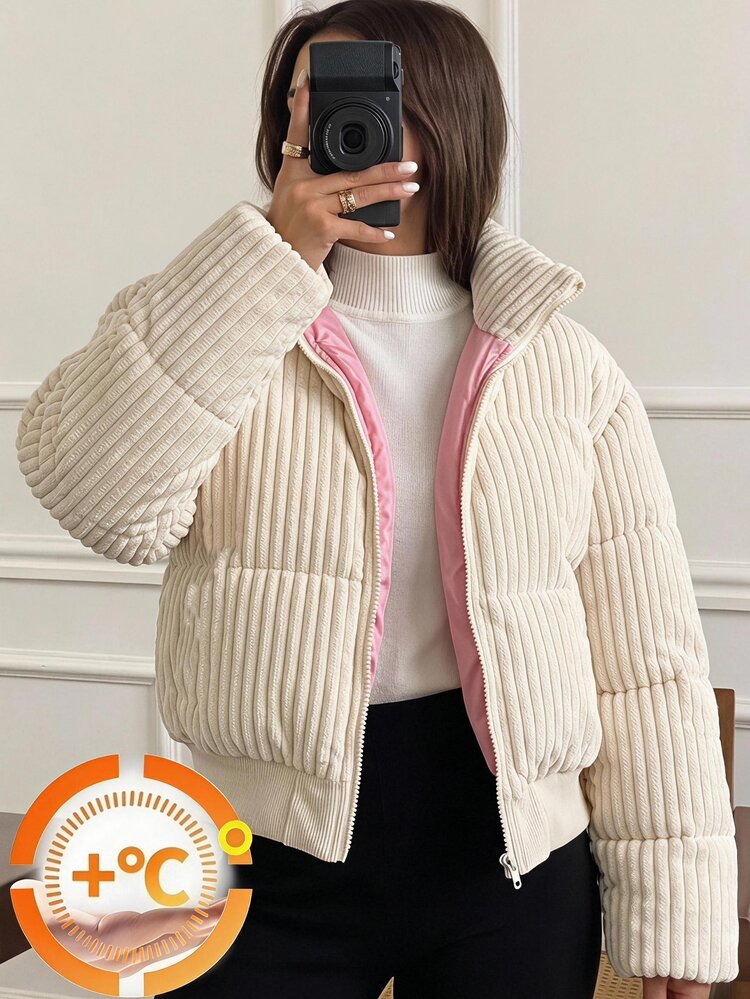 SHEIN Tween Girl Winter Short Tween Girl Casual Street Fashion Corduroy Cotton Padded Coat, Thickened, Color Block, Back To School, Fall/Winter - White - View 2