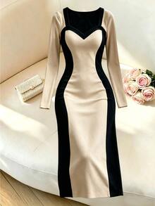 GlowEve CURVE Plus Size Women's Halloween Dress In Beige And Black Color Blocking. This Slim-Fit Autumn Dress Features An Elegant Look Perfect For Parties. Fall - Black and White - View 4
