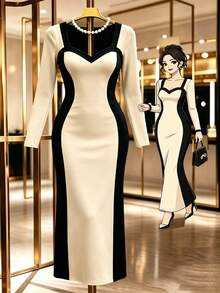 GlowEve CURVE Plus Size Women's Halloween Dress In Beige And Black Color Blocking. This Slim-Fit Autumn Dress Features An Elegant Look Perfect For Parties. Fall - Black and White - View 3