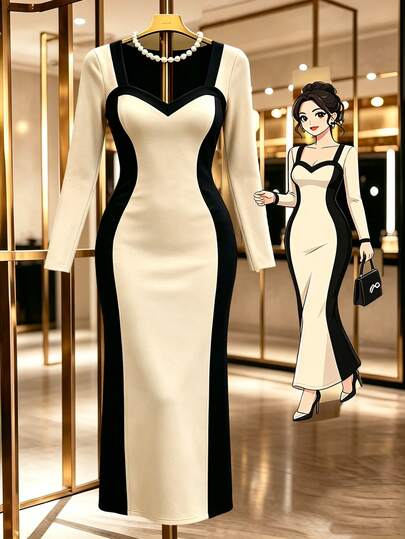 GlowEve CURVE Plus Two Tone Sweetheart Neck Bodycon Dress
