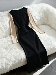GlowEve CURVE Plus Size Women's Halloween Dress In Beige And Black Color Blocking. This Slim-Fit Autumn Dress Features An Elegant Look Perfect For Parties. Fall - Black and White - View 2