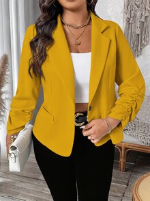 SHEIN LUNE Plus Size Women's Commuter Waist-Cinched Short Versatile Thin Jacket - Yellow - View 1