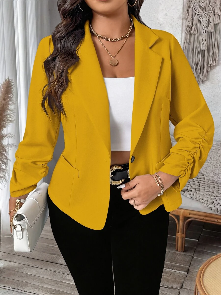 SHEIN LUNE Plus Size Women's Commuter Waist-Cinched Short Versatile Thin Jacket - Yellow - View 1