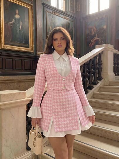 SHEIN MOD Plus Size Autumn Pink Houndstooth Bell Sleeve A-Line Skirt Suit Set, Preppy Style, Vintage Casual Outfit For Girls, Daily Commute, Travel And Party Wear