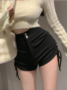DAZY 女款純色高腰休閒百搭日常穿著短褲 - 黑色 - 查看 1