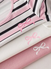 SHEIN Young Girl 3pcs Knitted Solid Color Striped Bow Pattern Round Neck Casual T-Shirt Set - Multicolor - View 2