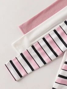 SHEIN Young Girl 3pcs Knitted Solid Color Striped Bow Pattern Round Neck Casual T-Shirt Set - Multicolor - View 4