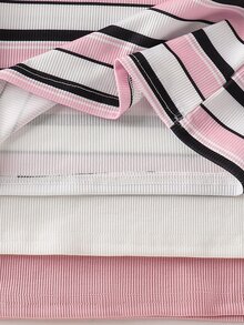 SHEIN Young Girl 3pcs Knitted Solid Color Striped Bow Pattern Round Neck Casual T-Shirt Set - Multicolor - View 5