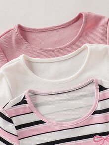 SHEIN Young Girl 3pcs Knitted Solid Color Striped Bow Pattern Round Neck Casual T-Shirt Set - Multicolor - View 3