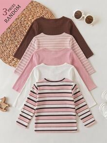 SHEIN Young Girl 3pcs Knitted Solid Color Striped Bow Pattern Round Neck Casual T-Shirt Set - Multicolor - View 6