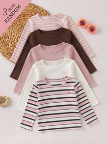 SHEIN Young Girl 3pcs Knitted Solid Color Striped Bow Pattern Round Neck Casual T-Shirt Set - Multicolor - View 1