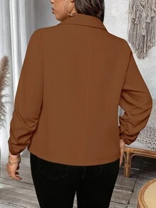 SHEIN LUNE Plus Size Women's Commuter Waist-Cinching Short Versatile Thin Jacket - Mocha Brown - View 3