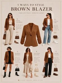 SHEIN LUNE Plus Size Women's Commuter Waist-Cinching Short Versatile Thin Jacket - Mocha Brown - View 2
