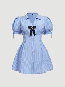 SHEIN MOD Plus Size Blue White Stripe Shirt Dress, Shirred Design, Early Summer Outfit, Casual Daily Wear Girls, Commuter Style, Preppy Birthday - Blue and White - View 11