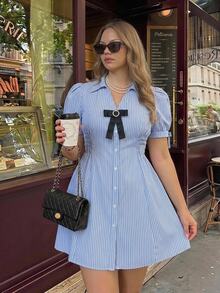 SHEIN MOD Plus Size Blue White Stripe Shirt Dress, Shirred Design, Early Summer Outfit, Casual Daily Wear Girls, Commuter Style, Preppy Birthday - Blue and White - View 7