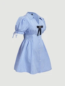 SHEIN MOD Plus Size Blue White Stripe Shirt Dress, Shirred Design, Early Summer Outfit, Casual Daily Wear Girls, Commuter Style, Preppy Birthday - Blue and White - View 5