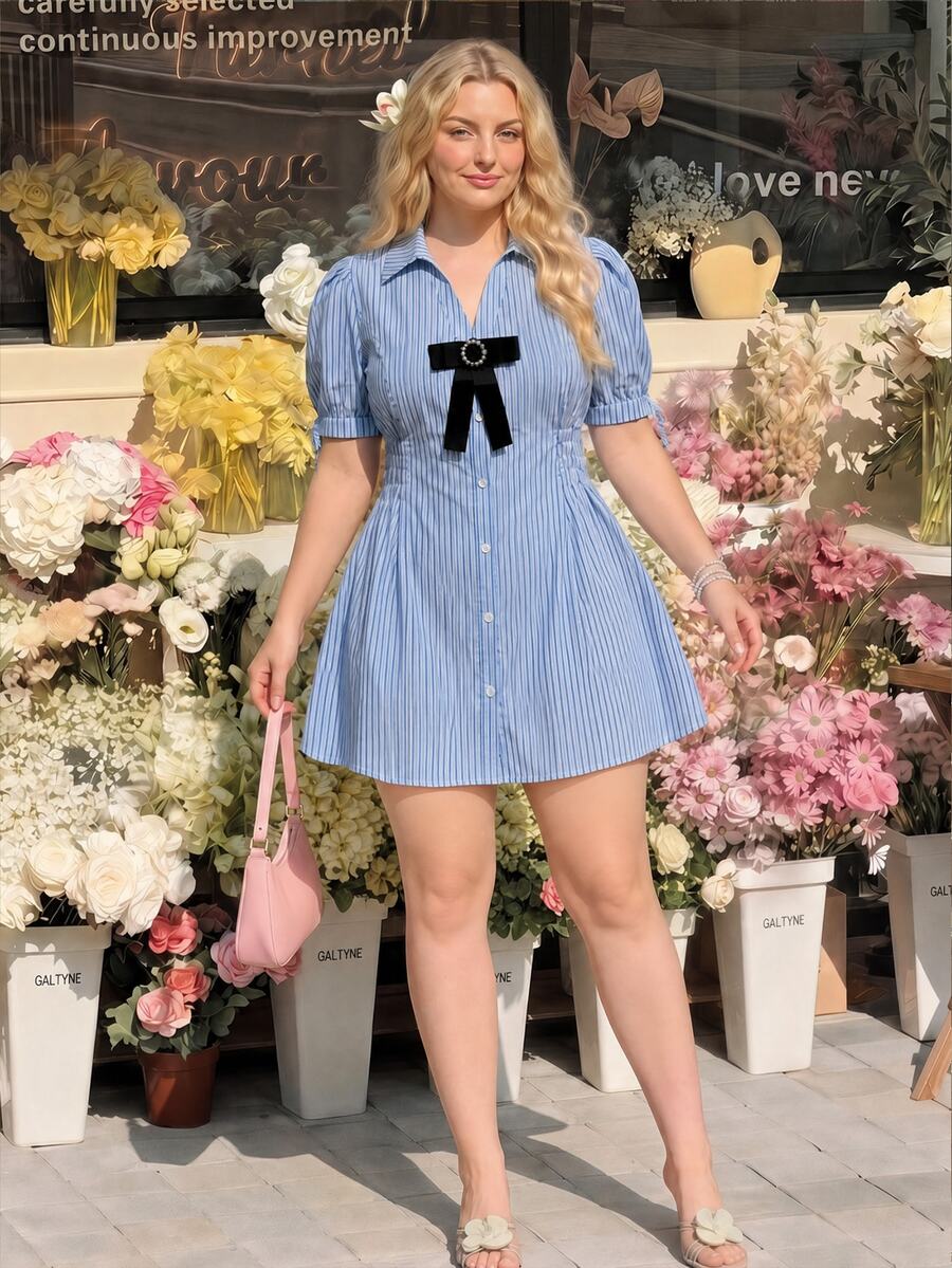 SHEIN MOD Plus Size Blue White Stripe Shirt Dress, Shirred Design, Early Summer Outfit, Casual Daily Wear Girls, Commuter Style, Preppy Birthday - Blue and White - View 1