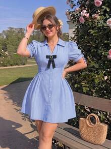 SHEIN MOD Plus Size Blue White Stripe Shirt Dress, Shirred Design, Early Summer Outfit, Casual Daily Wear Girls, Commuter Style, Preppy Birthday - Blue and White - View 6