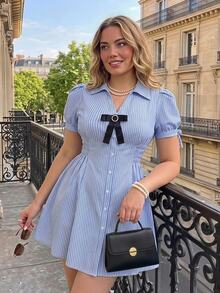 SHEIN MOD Plus Size Blue White Stripe Shirt Dress, Shirred Design, Early Summer Outfit, Casual Daily Wear Girls, Commuter Style, Preppy Birthday - Blue and White - View 10