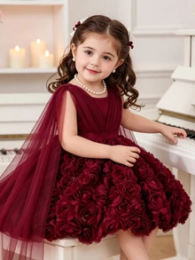 SHEIN Glamorique Kids 嬰兒公主禮服，酒紅色洋裝，3D玫瑰花網紗薄紗正式禮服，生日派對、婚禮節日，花童公主洋裝，可愛優雅 - 酒紅色 - 查看 3