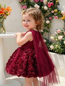 SHEIN Glamorique Kids 嬰兒公主禮服，酒紅色洋裝，3D玫瑰花網紗薄紗正式禮服，生日派對、婚禮節日，花童公主洋裝，可愛優雅 - 酒紅色 - 查看 5