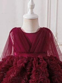 SHEIN Glamorique Kids 嬰兒公主禮服，酒紅色洋裝，3D玫瑰花網紗薄紗正式禮服，生日派對、婚禮節日，花童公主洋裝，可愛優雅 - 酒紅色 - 查看 6