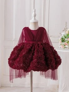 SHEIN Glamorique Kids 嬰兒公主禮服，酒紅色洋裝，3D玫瑰花網紗薄紗正式禮服，生日派對、婚禮節日，花童公主洋裝，可愛優雅 - 酒紅色 - 查看 4