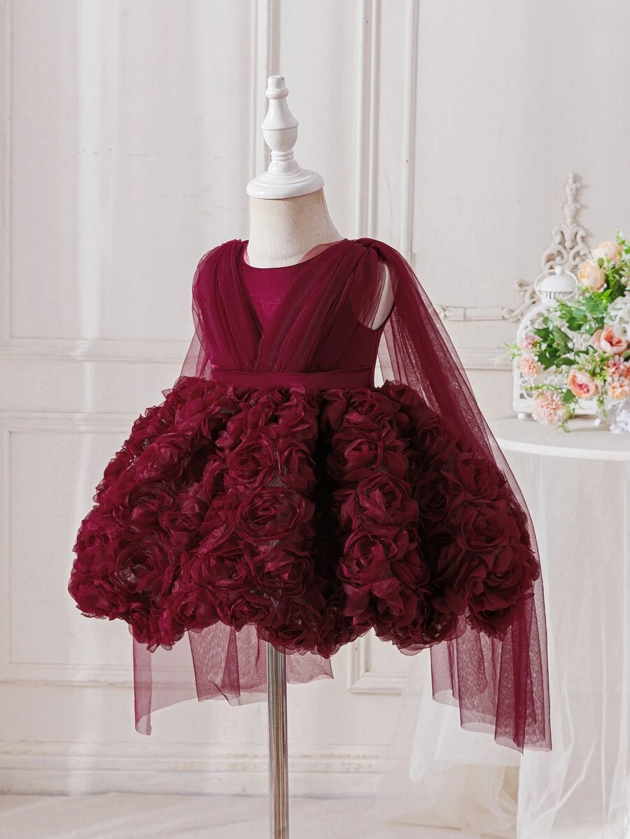 SHEIN Glamorique Kids 嬰兒公主禮服,酒紅色洋裝,3D玫瑰花網紗薄紗正式禮服,生日派對、婚禮節日,花童公主洋裝,可愛優雅 - 酒紅色 - 查看 1