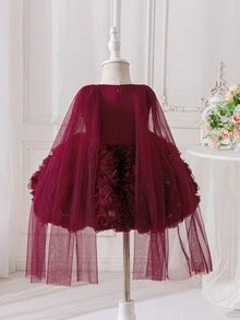 SHEIN Glamorique Kids 嬰兒公主禮服，酒紅色洋裝，3D玫瑰花網紗薄紗正式禮服，生日派對、婚禮節日，花童公主洋裝，可愛優雅 - 酒紅色 - 查看 2