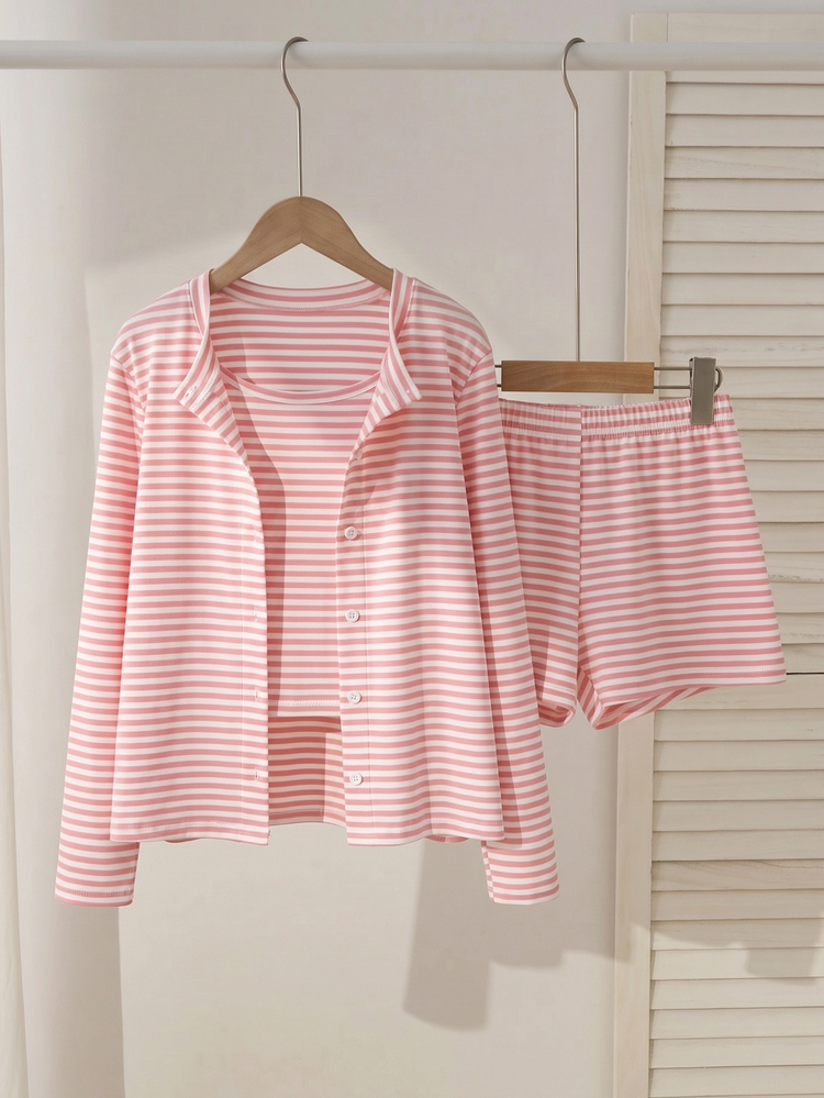 Girls 3 Piece Yellow White Striped Knit Set Long Sleeve Button Up Cardigan Tank Top Elastic Waist Shorts Sweet Aesthetic Fashion Must Have Fall - Pink - View 1