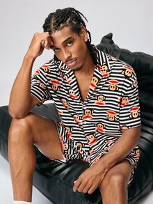 Paul Frank X SHEIN طقم ملابس منزلية للرجال قميص مخطط بأكمام قصيرة وأزرار مفردة وشورت - أبيض وأسود - مشاهدة 3