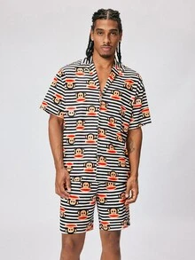 Paul Frank X SHEIN طقم ملابس منزلية للرجال قميص مخطط بأكمام قصيرة وأزرار مفردة وشورت - أبيض وأسود - مشاهدة 6