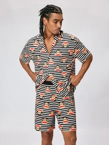 Paul Frank X SHEIN طقم ملابس منزلية للرجال قميص مخطط بأكمام قصيرة وأزرار مفردة وشورت - أبيض وأسود - مشاهدة 8