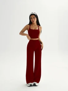 SHEIN Sovereign Charm Solid Color Cropped Camisole & Pants Sports Set - Burgundy - View 5