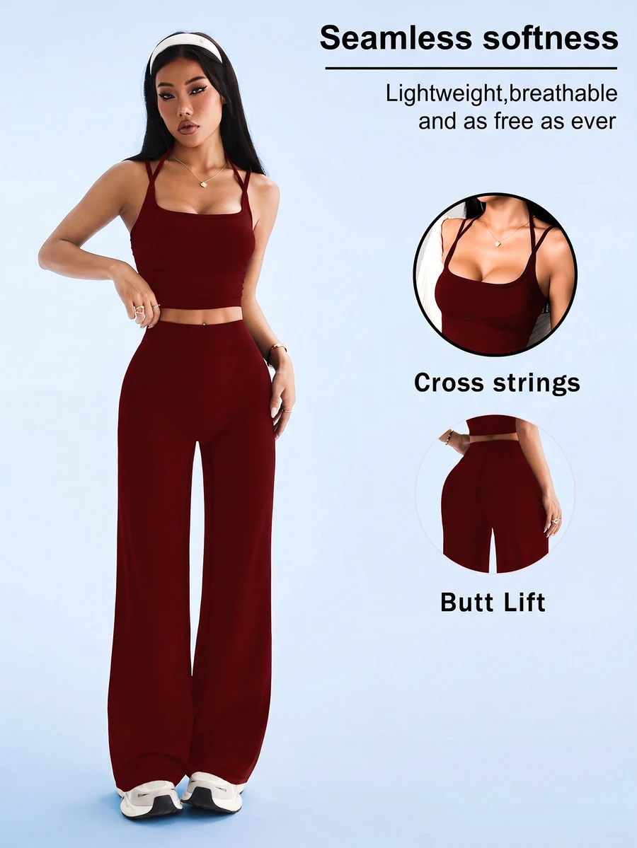 SHEIN Sovereign Charm Solid Color Cropped Camisole & Pants Sports Set